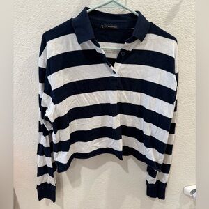 Brandy Melville Navy and White Striped cropped Rugby Long Sleeve Collared Polo S